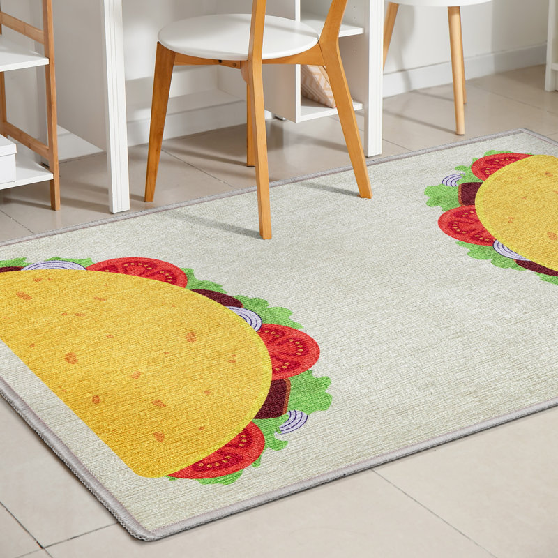 Kehr Double Taco Novelty Multi Yellow Printed Distressed Machine Washable Area Rug, Rectangle 3'3" x 5'