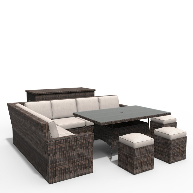 Wicker 9 - Person Patio Conversation Set with Cushions, Beige, Brown