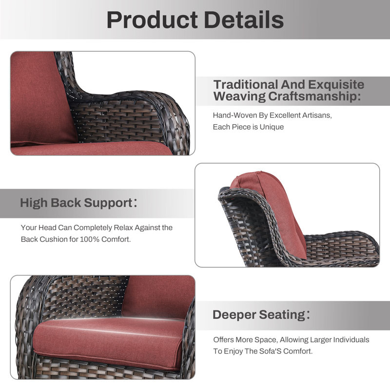 Wendye 3-Piece Outdoor Chair Set With Swivel Chairs & 55K BTU Fire Pit Table, Red, Brown
