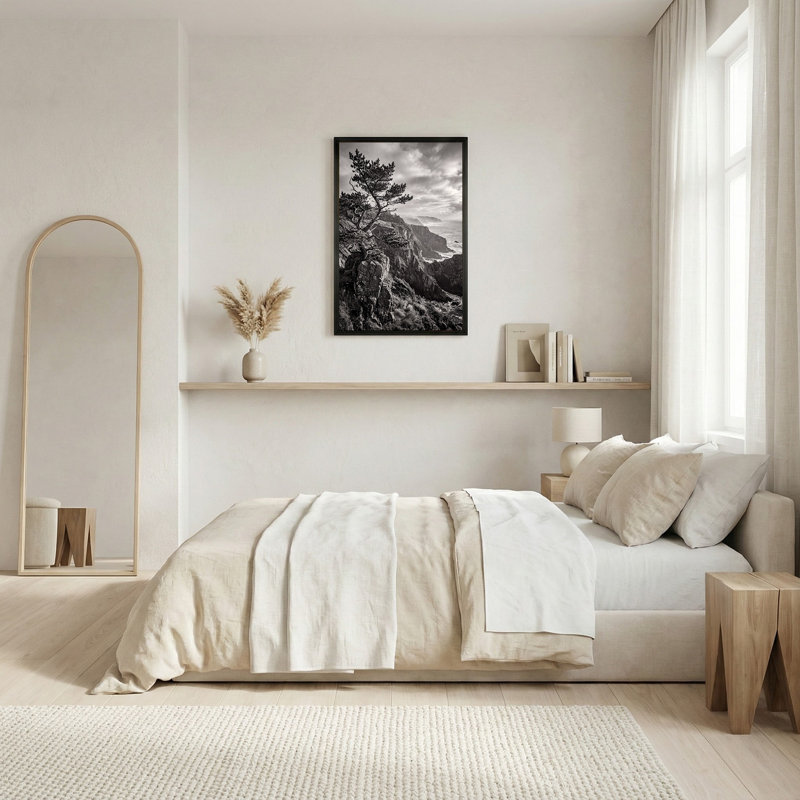 Art mural sur toile de pin noir et blanc sur des falaises côtières rocheuses, 30"H x 20"W