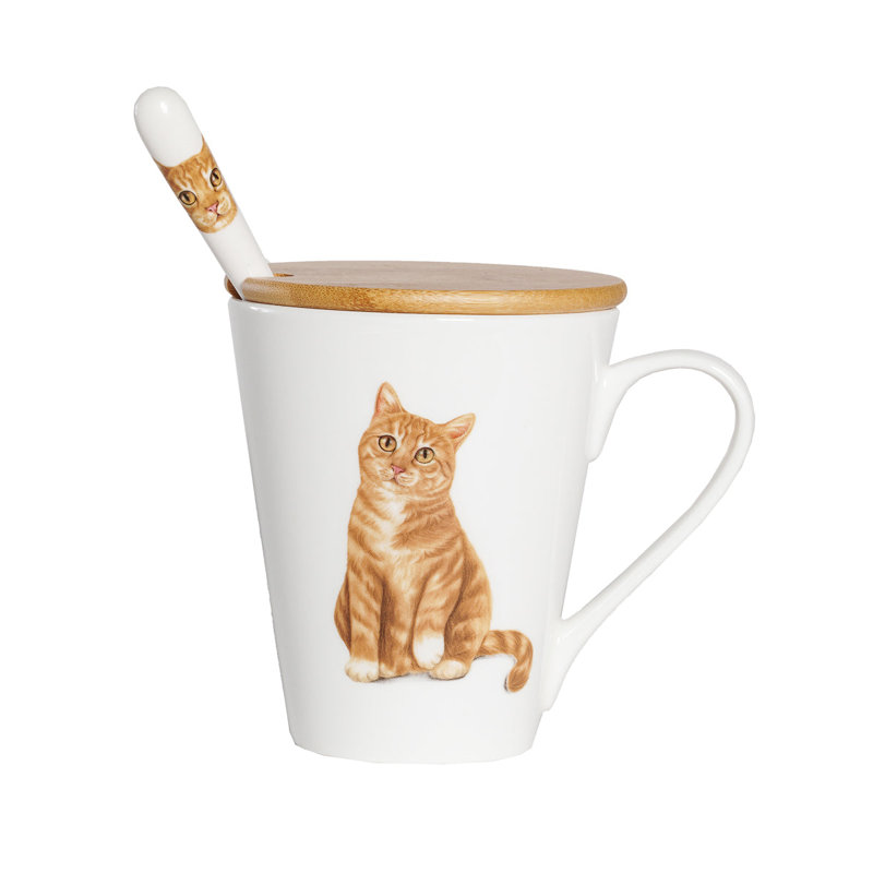 Tasse à eau en porcelaine avec couvercle et cuillère - Tabby orange