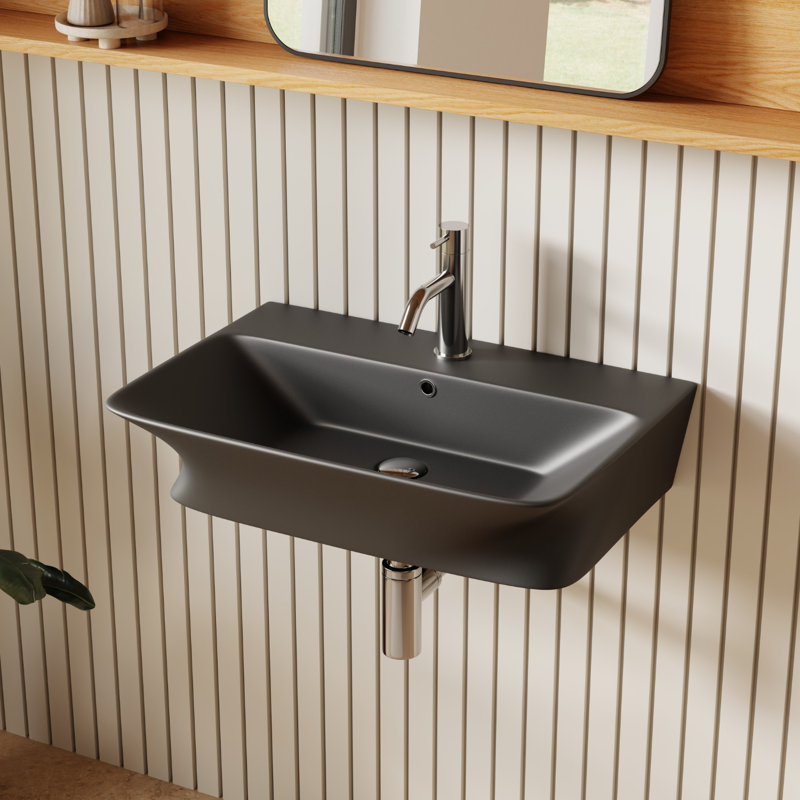 Lavabo mural rectangulaire en céramique avec trop-plein et trous pour robinet central Los Flexi, Noir, Simple (1 trou)