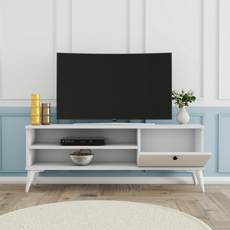 Meuble télé moderne blanc avec plusieurs tablettes, 47,2 po x 17,6 po x 11,6 po | 100% panneau de particules enduit de mélamine, épaisseur: 0,7 pouce | Conception murale scandinave élégante, pieds en plastique durables pour la stabilité