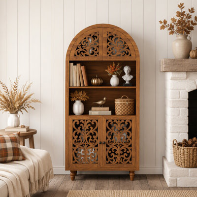 Vintage Arched Carved Wood Cabinet, 66" Tall Open Shelf Bookcase, Freestanding Decorative Storage for Home & Office