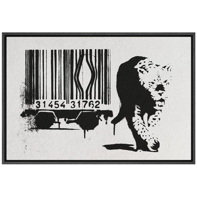 Banksy, code à barres et léopard, H 24 po x l 36 po x P 1,5 po, Cadre flottant noir