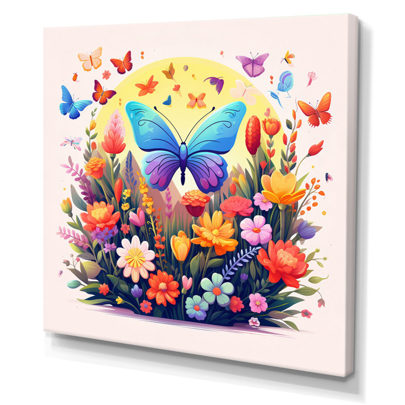 Mauve Butterfles, champ de fleurs arc-en-ciel idyllique, Toile tendue, 36" H x 36" W