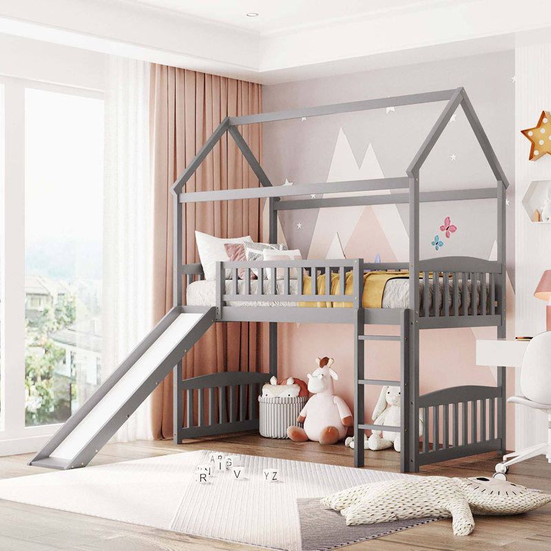 Lit mezzanine avec glissade et clôture, lit maison avec glissade, Gris