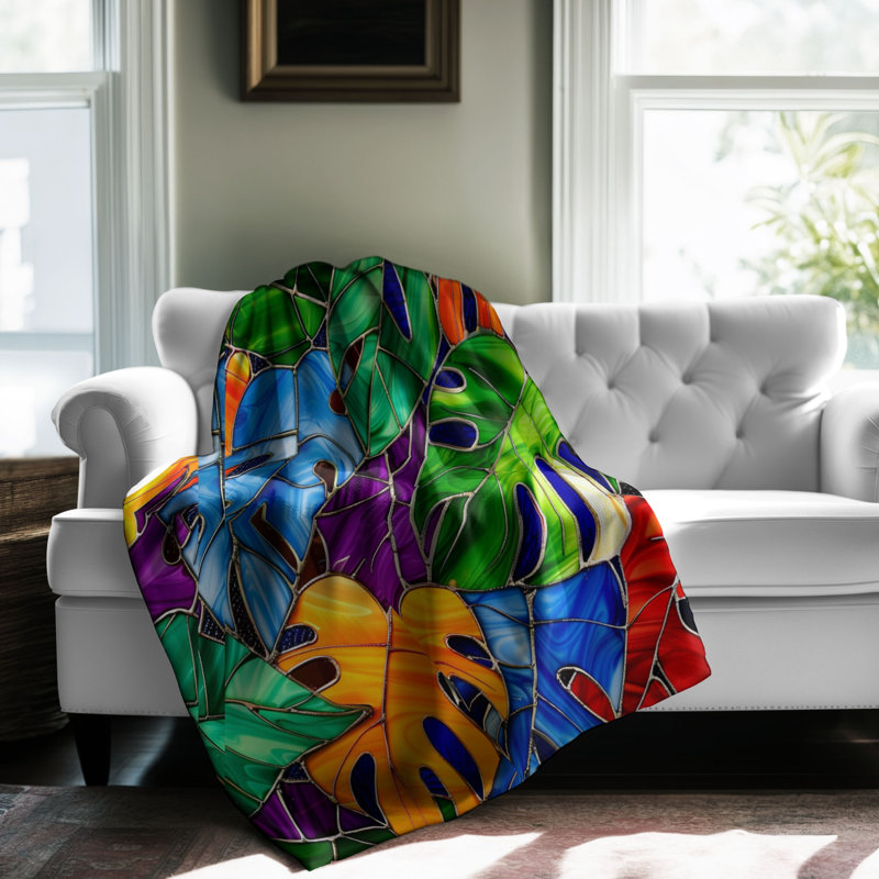 Coloured Glass Leaves - 1 Piece Premium Sherpa Blanket, Lit simple