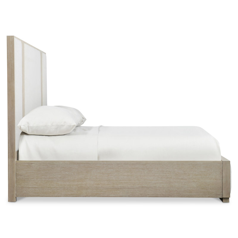 Transitional Dune and Ivory Queen Upholstered Bed with Geometric Headboard