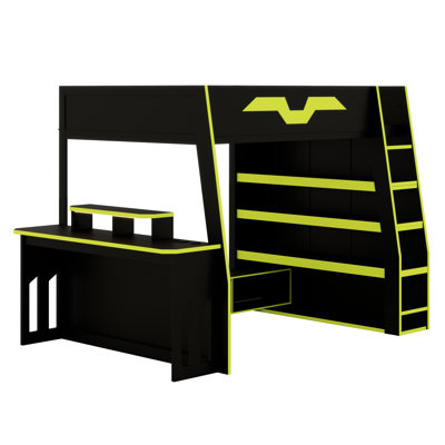 Modern Loft Bed with Desk, Storage Shelves