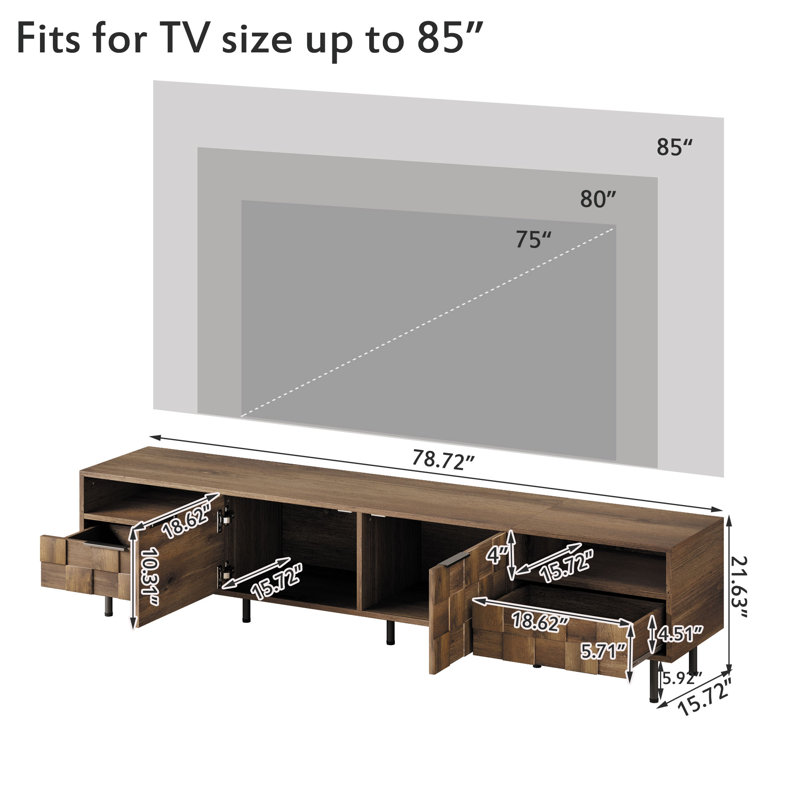 Meuble télé avec 2 armoires et 2 tiroirs Mid Century Unique Designs, convient aux téléviseurs de 85 po ou moins