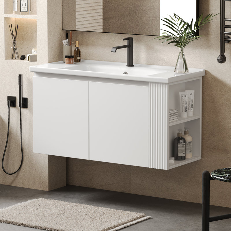 Meuble-lavabo mural polyvalent 36 po avec lavabo en céramique 36 po, portes flottantes à poignée libre et 2 tablettes latérales ouvertes, grand espace de rangement