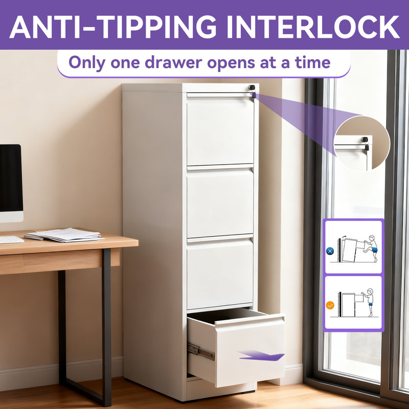 4-Drawer Vertical Metal Filing Cabinet, High-Capacity Eco-Friendly Design with Smooth Gliding Drawers & Anti-Tip Lock, White