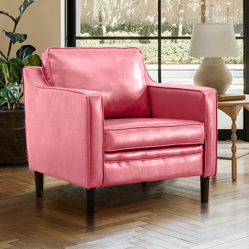 Jannae 32 Inch Vegan Leather Upholstered Square Arm Accent Chair, Pink Faux Leather