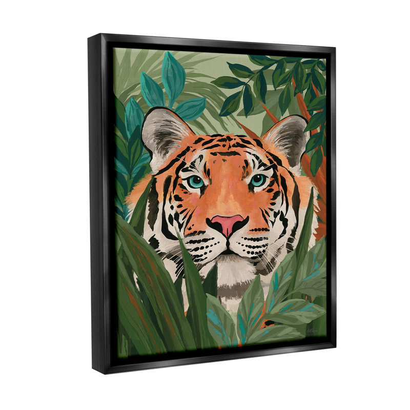 «Tiger Peeking In Leaves» sur, Cadre flottant noir de jais, H 21 po x l 17 po