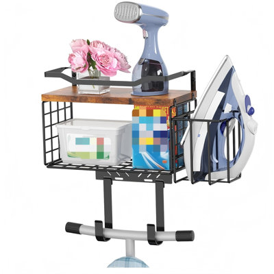 2-Layer T，Y Iron Board Holder With Ironing Caddy, Metal Ironing Board Holder Storage Organizer, Floating Wood Shelf For Laundry Room Decor Accessories Organization