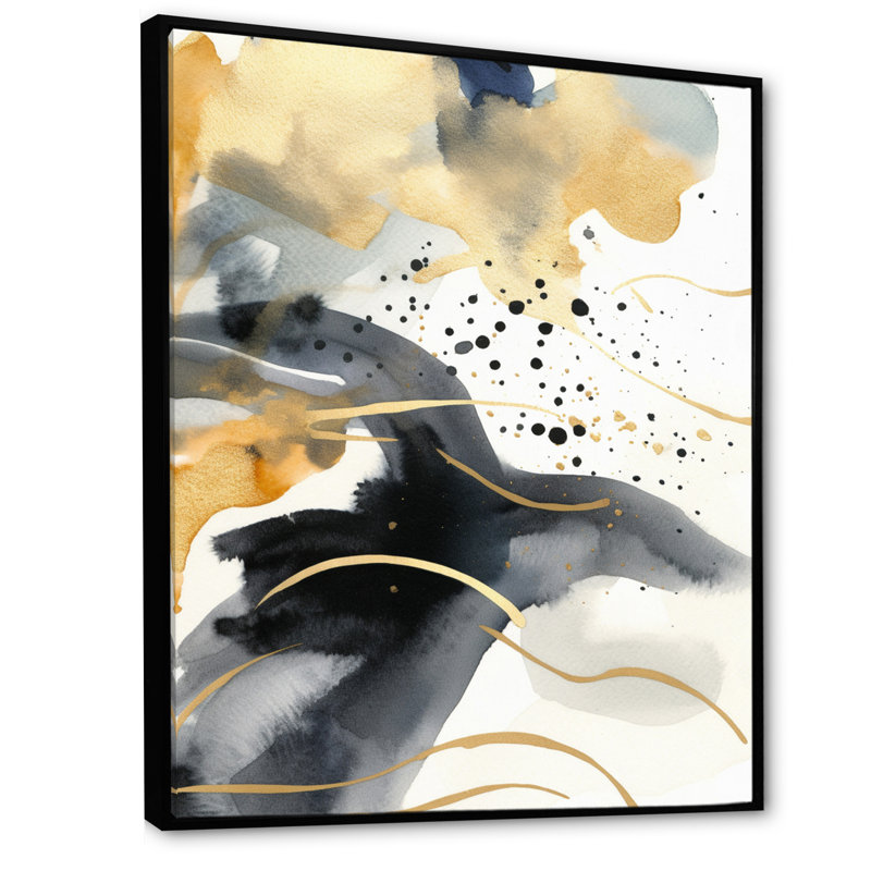 Abstrait pastel avec taches bleues noires et dorées II - impression, Cadre flottant noir, H 40 po x l 30 po x P 1,5 po