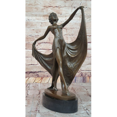 Danseuse Art Déco en bronze avec draperie fluide sur base en marbre signée Cesaro