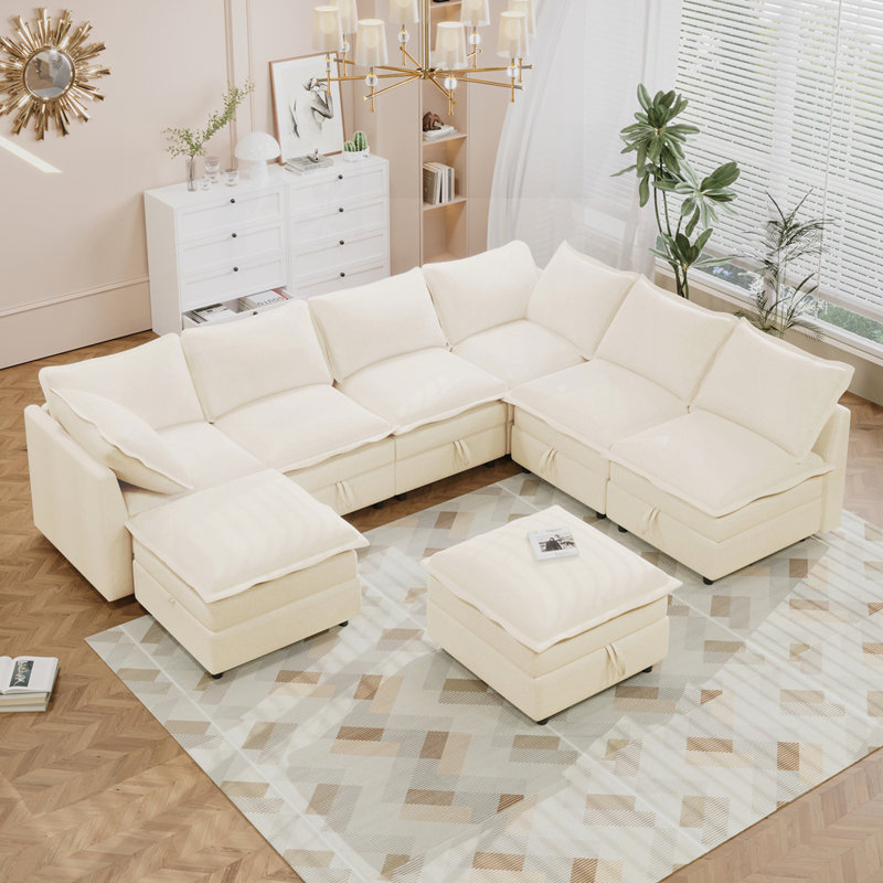 Canapé-lit modulaire polyvalent avec rangement et coussins élégants pour tout espace, Polyester beige