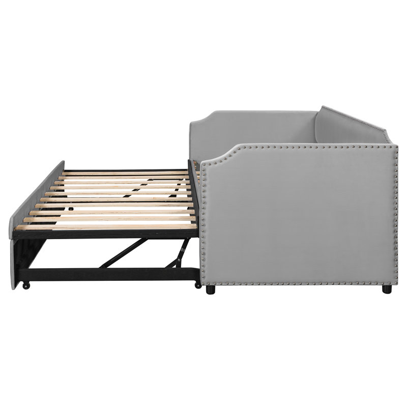 Twin Size Velvet Upholstered Daybed with Pop Up Trundle, 2-in-1 Sofa Bed for Guest Room or Kids Bedroom, Gray, Gray