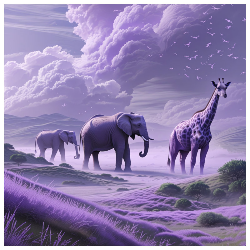Tapisserie murale mauve paysage de savane mauve - girafe éléphants, H 68 po x l 80 po avec 4 œillets