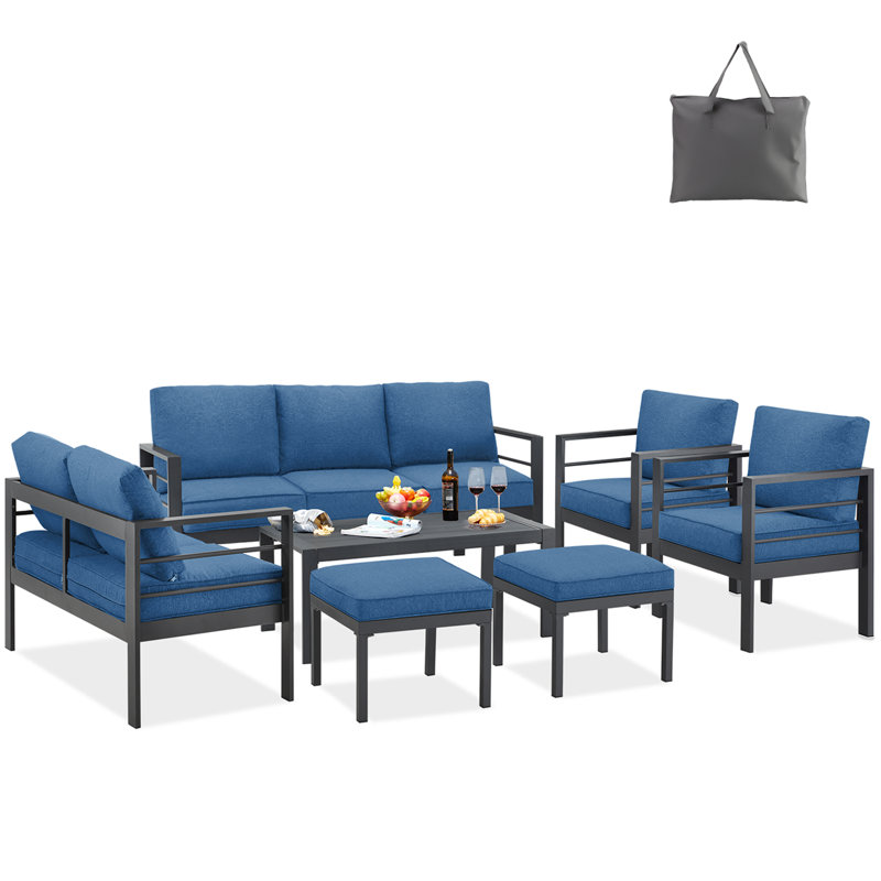 Ensemble de conversation d'extérieur 9 personnes avec coussins Raenelle, Bleu