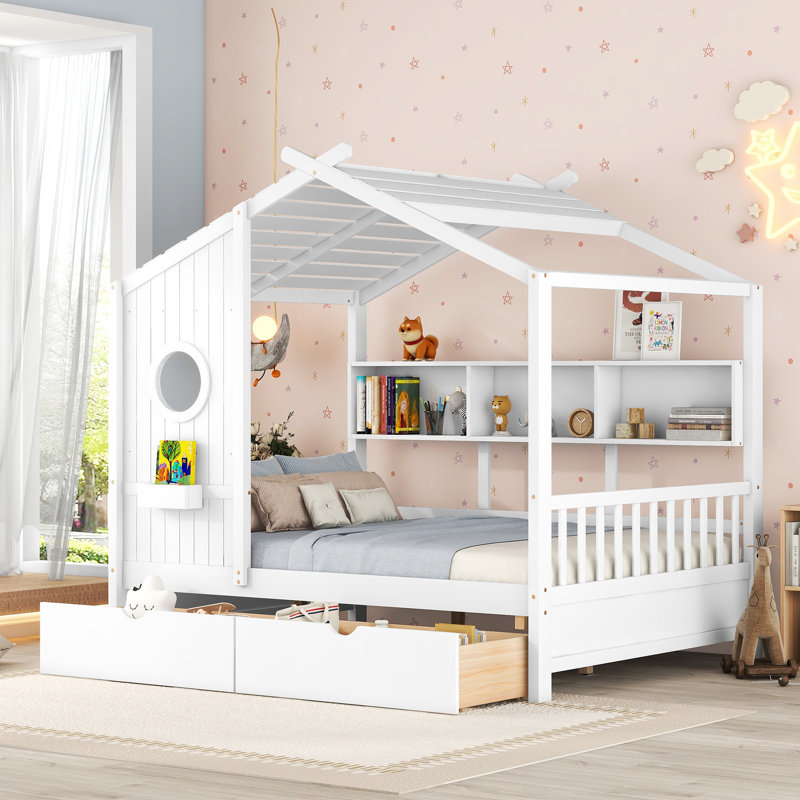 Dreamhouse Wooden House Bed With 2 Drawers, Playful Farmhouse Style, Durable Frame, Full