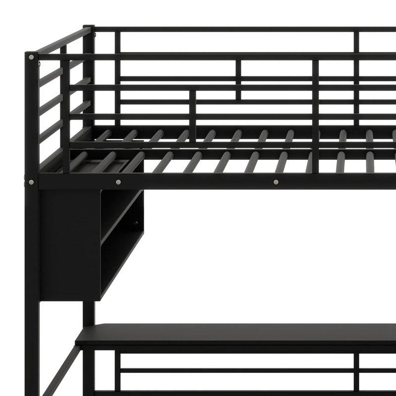Lit mezzanine en métal avec DEL, bureau et tablettes de rangement, Lit double