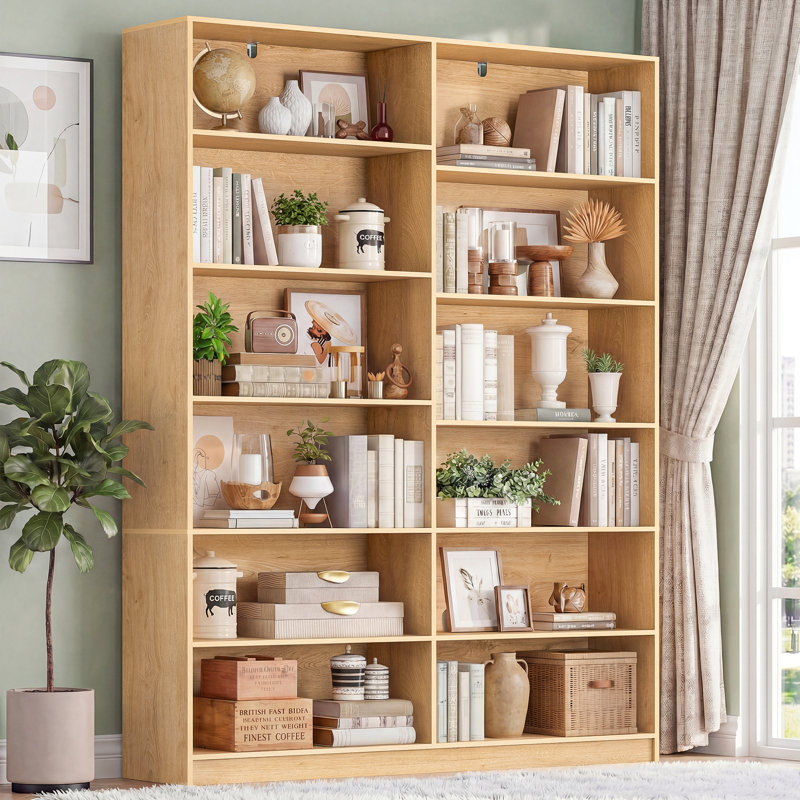 70.8" H 6 Tier Double Wide Freestanding Bookshelf Natural Bookcase with Open Display Storage for Bedroom Living Room Home, 1