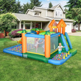 6-In-1 Tropical Inflatable Water Slide Summer Theme Jumping Castle Includes Floating Ball Slide Trampoline Pool Cannon Climbing Wall With Carry Bag, Repair Patches And 450W Air Blower