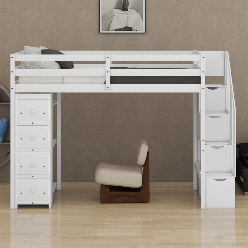 Loft Bed With Storage Drawers And Stairs, White