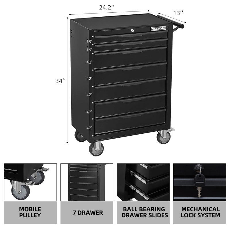 7 Drawer Rolling Tool Cabinet, Large Capacity Metal Tool Box, With Wheels And Key Lock, Rolling Storage Tool Car Suitable For Garage, Warehouse, Work Shop