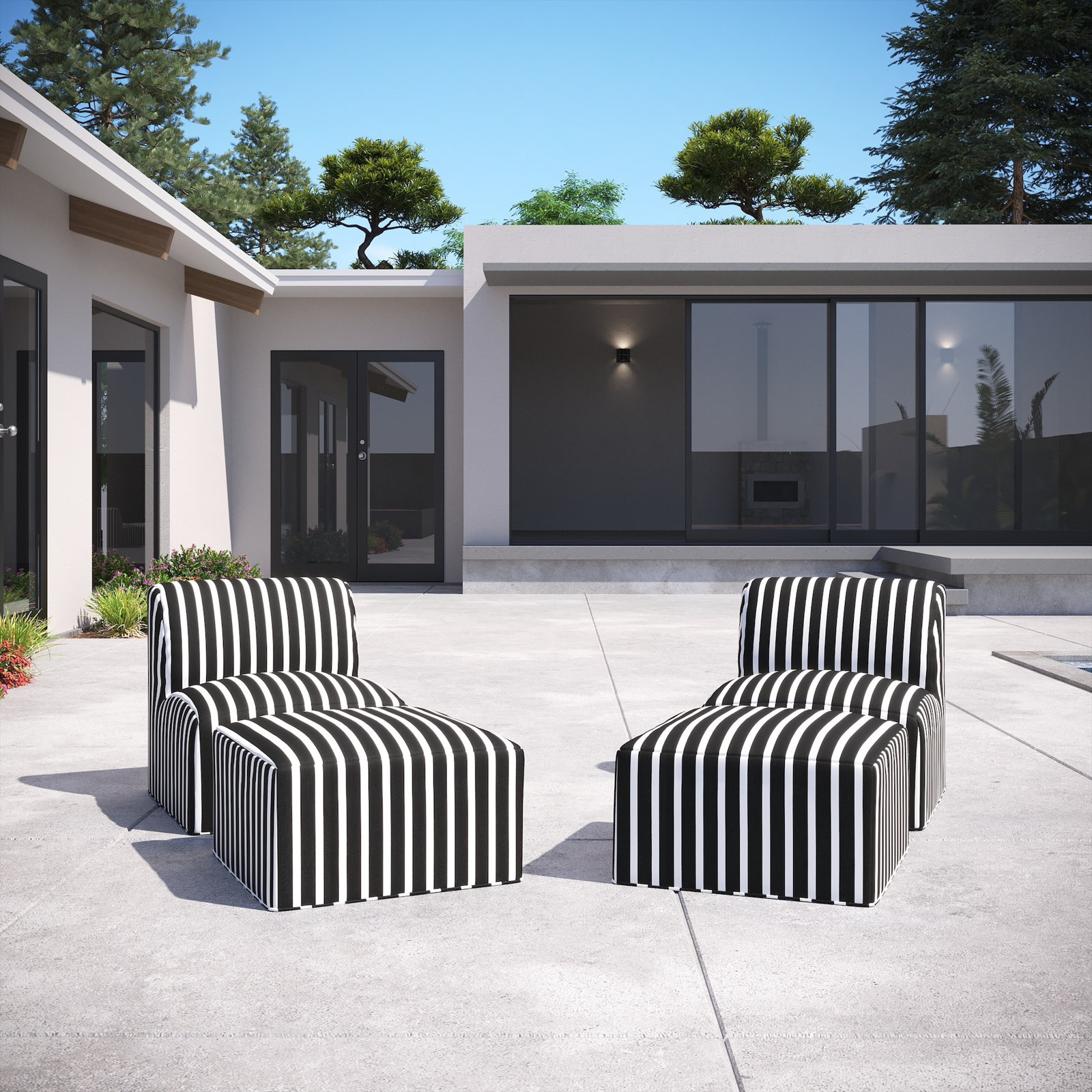 Eliana Outdoor Armless Lounge Chair with Sunbrella Cushions and Ottoman, Shore Classic Black Stripe Sunbrella®