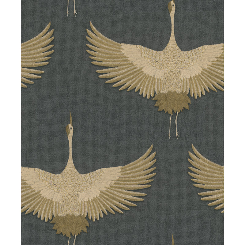 Amariyana Collection Textured Stork Design Wallpaper Roll, Black/Gold