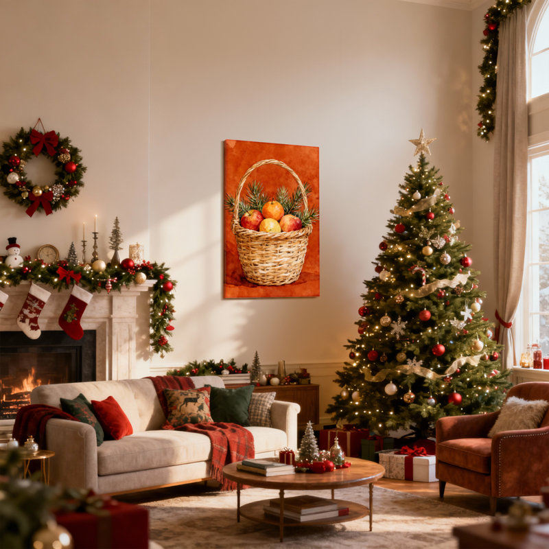 Panier de Noël avec pommes et branches de pin, ensemble de 3 impressions sur toile, 18" H x 12" W