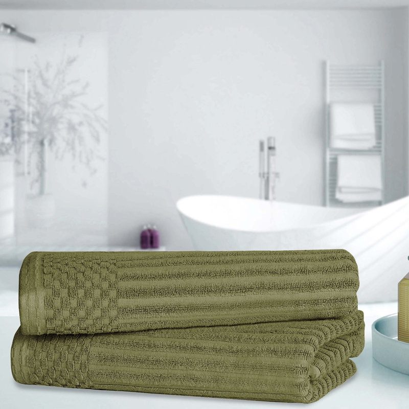 Yaholo Cotton Highly Absorbent Solid and Checkered Border Bath Towels, Sage