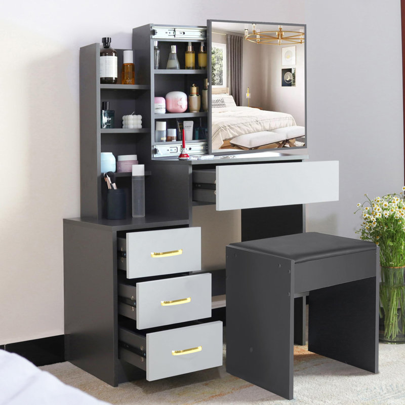 Ahmier Dressing Table with Sliding Mirror, Grey/Silver Grey