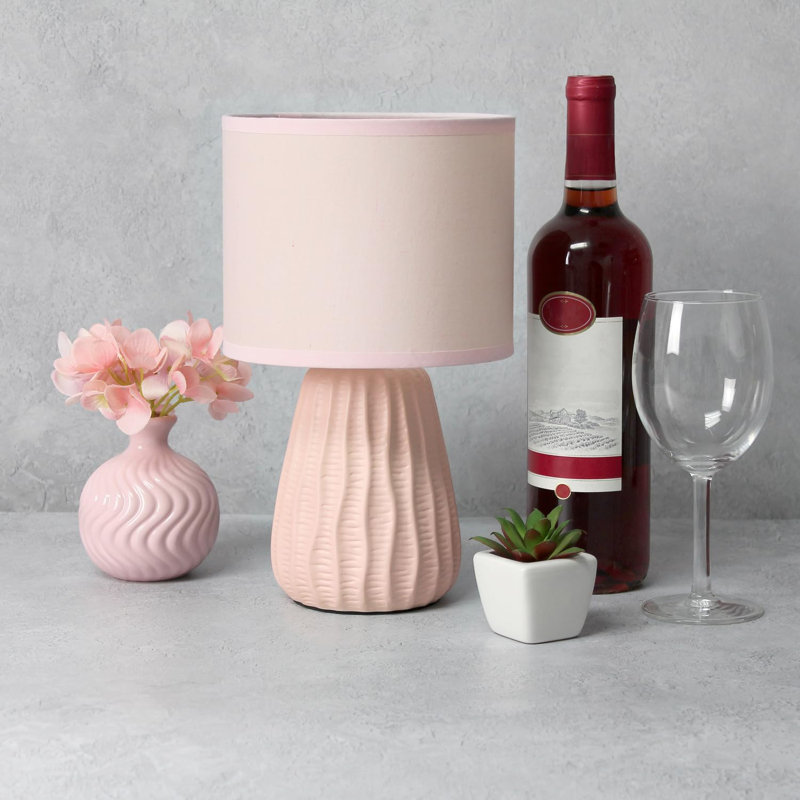 11.02" Traditional Mini Modern Ceramic Texture Pastel Accent Bedside Table Desk Lamp W Matching Fabric Shade