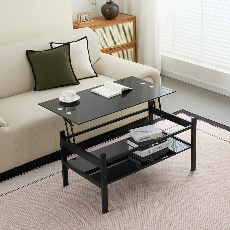 Table basse rectangulaire avec plateau en verre et tablette