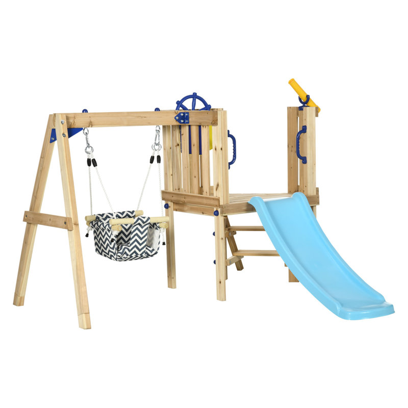 Portique en bois 3-en-1 avec glissade, mur d'escalade et jeux Outsunny