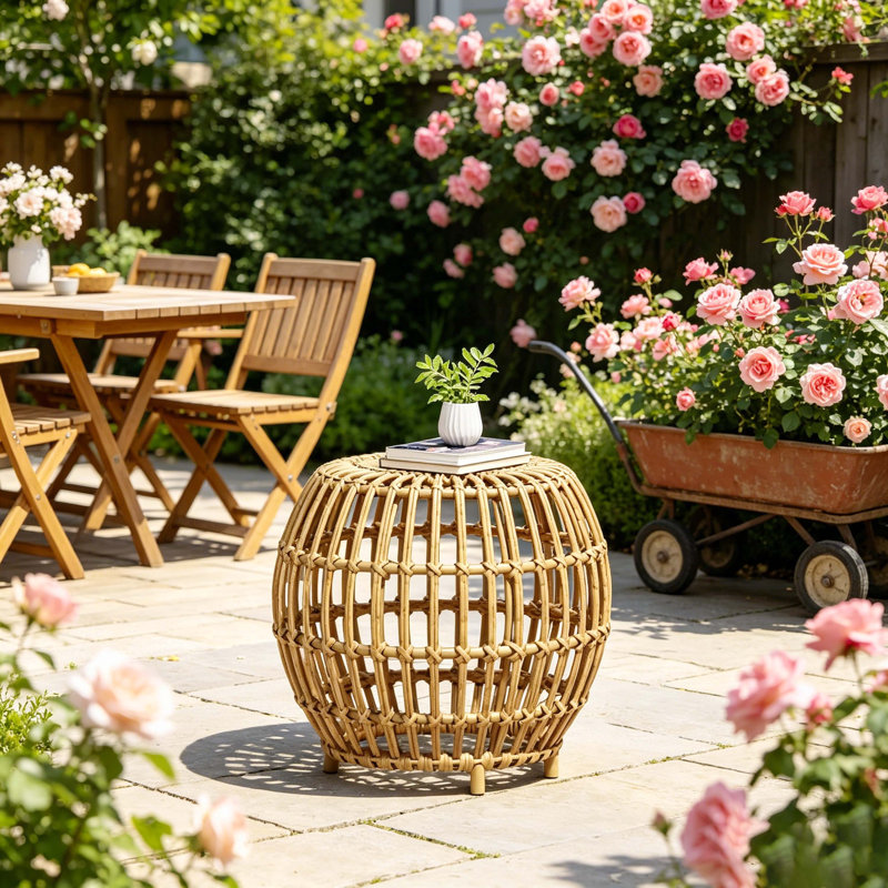 Light Brown Bohemian Faux Rattan Round Accent Table, Handcrafted Wicker Side Table For Indoor & Outdoor Use, For Living Room/Patio/Garden