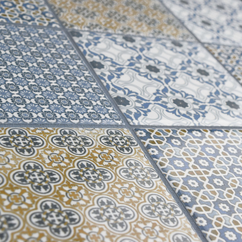 Classico 4" x 4" Porcelain Grid Mosaic Wall & Floor Tile, Blue/Gold