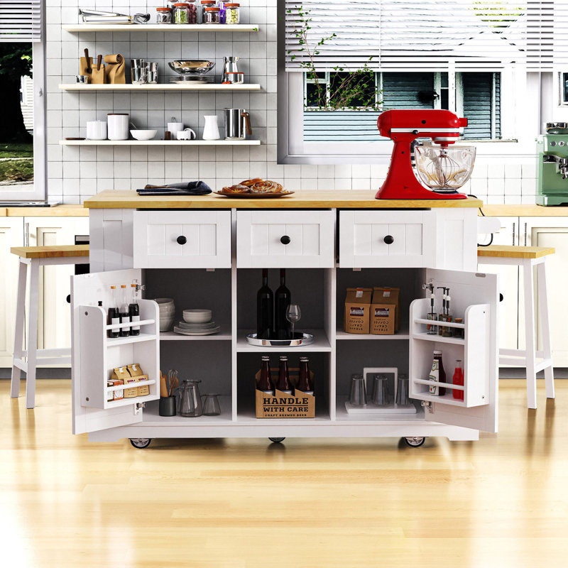 Arlonda 53'' Kitchen Island  With 2 Bar Stools, White