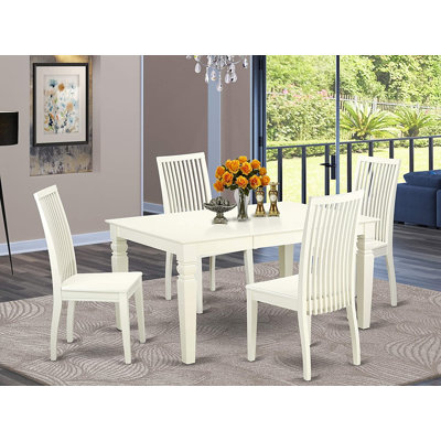 Ensemble de salle à manger 5 pièces comprenant une table rectangulaire avec rallonge papillon et 4 chaises de cuisine, lin blanc