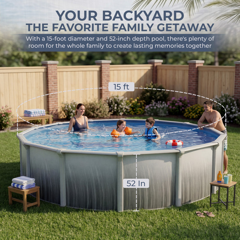 Piscine murale hors-sol en acier à parois dures de 15 pieds de profondeur bleues de 52 po avec sièges supérieurs de 7 po, verticales de 6 po, écumoire et doublure en vinyle - capacité de 5 130 gallons pour la natation familiale et les loisirs