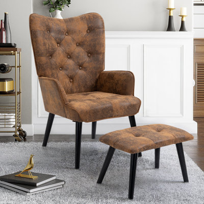 Accent Chair With Ottoman, Mid Century Accent Chair With Rubberwood Legs, Modern Tufted Wingback Arm Chair, High Back Accent Chair For Living Room, Be -  17 Stories, 943CF68303BA4A4DAA3D4B5143F6F955