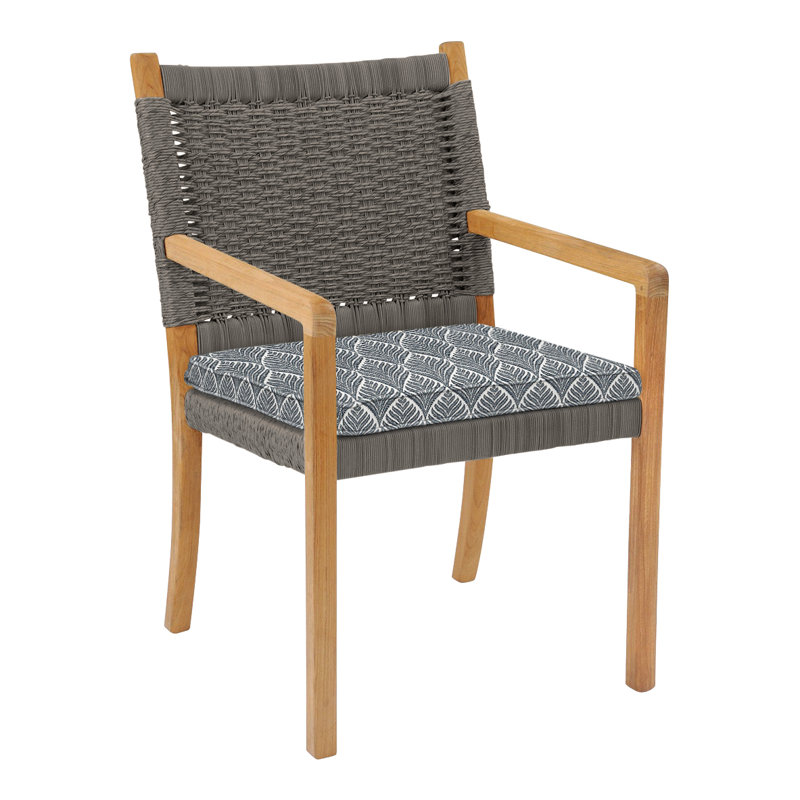 Hudson Teak Patio Dining Chair with Cushion (Set of 2), Perigold Linnaeus Indigo, Hudson Charcoal Lace