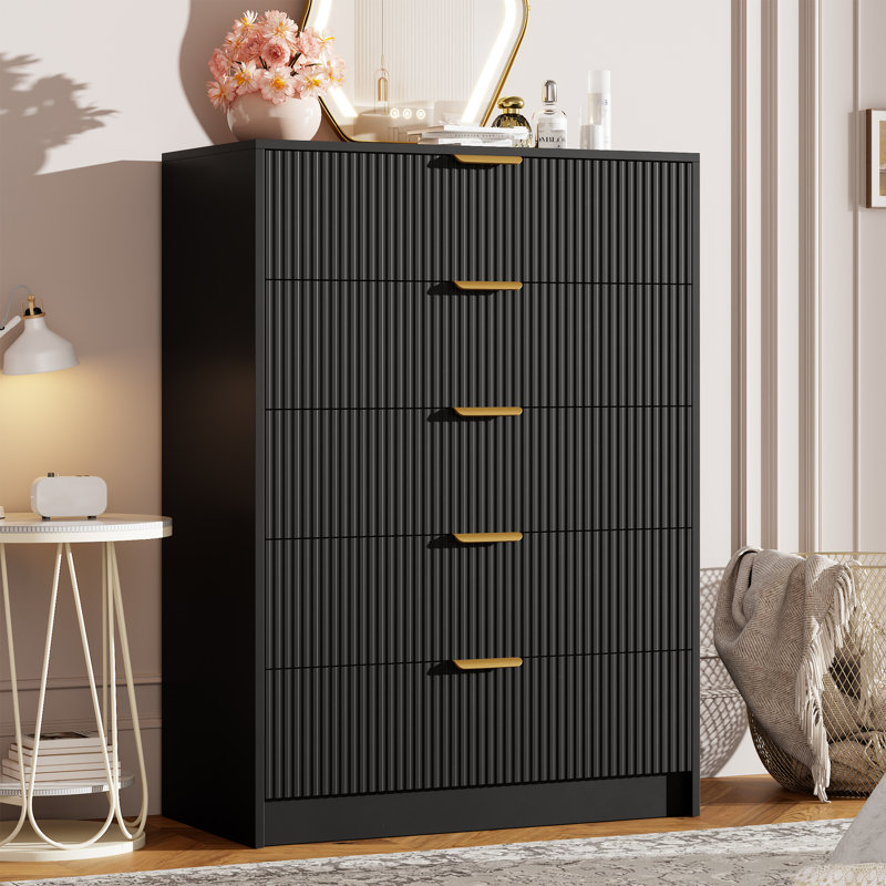 Fluted 5 Drawer Dresser for Bedroom, 43" Tall Modern Chest of Drawers with Large Storage and Metal Handle, Wooden Dresser Organizer for Bedroom, Living Room, Hallway, Black