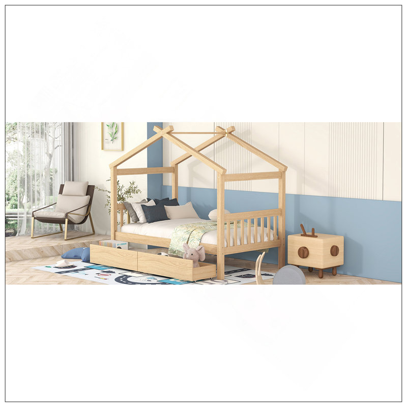 Lit en bois avec tiroirs, Naturel