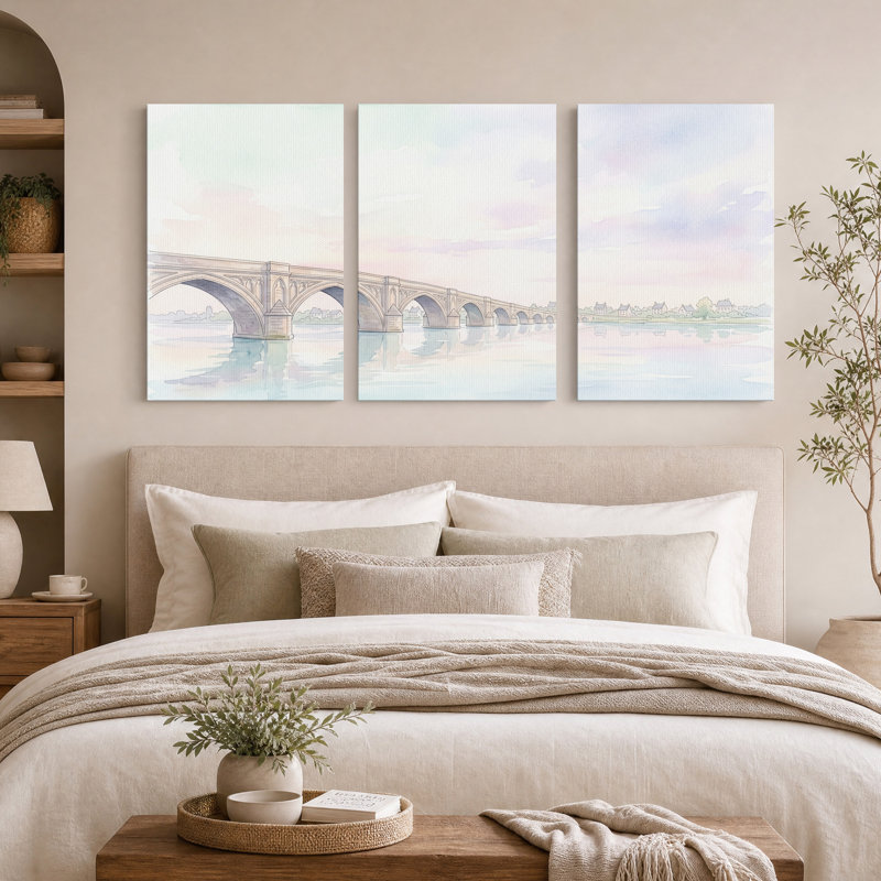 Pont en arc de pierre enjambant une rivière, ensemble de 3 toiles à l'aquarelle pastel, 18"H x 12"W x 3pcs